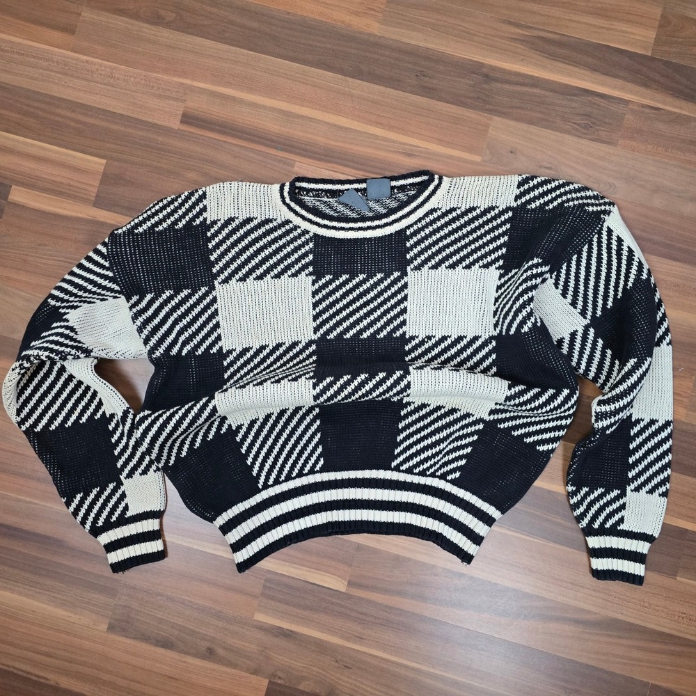 VTG Lizwear Liz Claiborne Sweater Womens Medium Black Cream Plaid Knit Preppy
